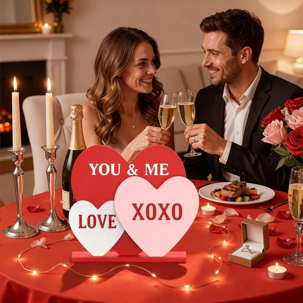 Valentines Day Decorations, 8.7 Inch Valentine Table Decorations Wooden Heart Sign with Letter LOVE XOXO, Valentines