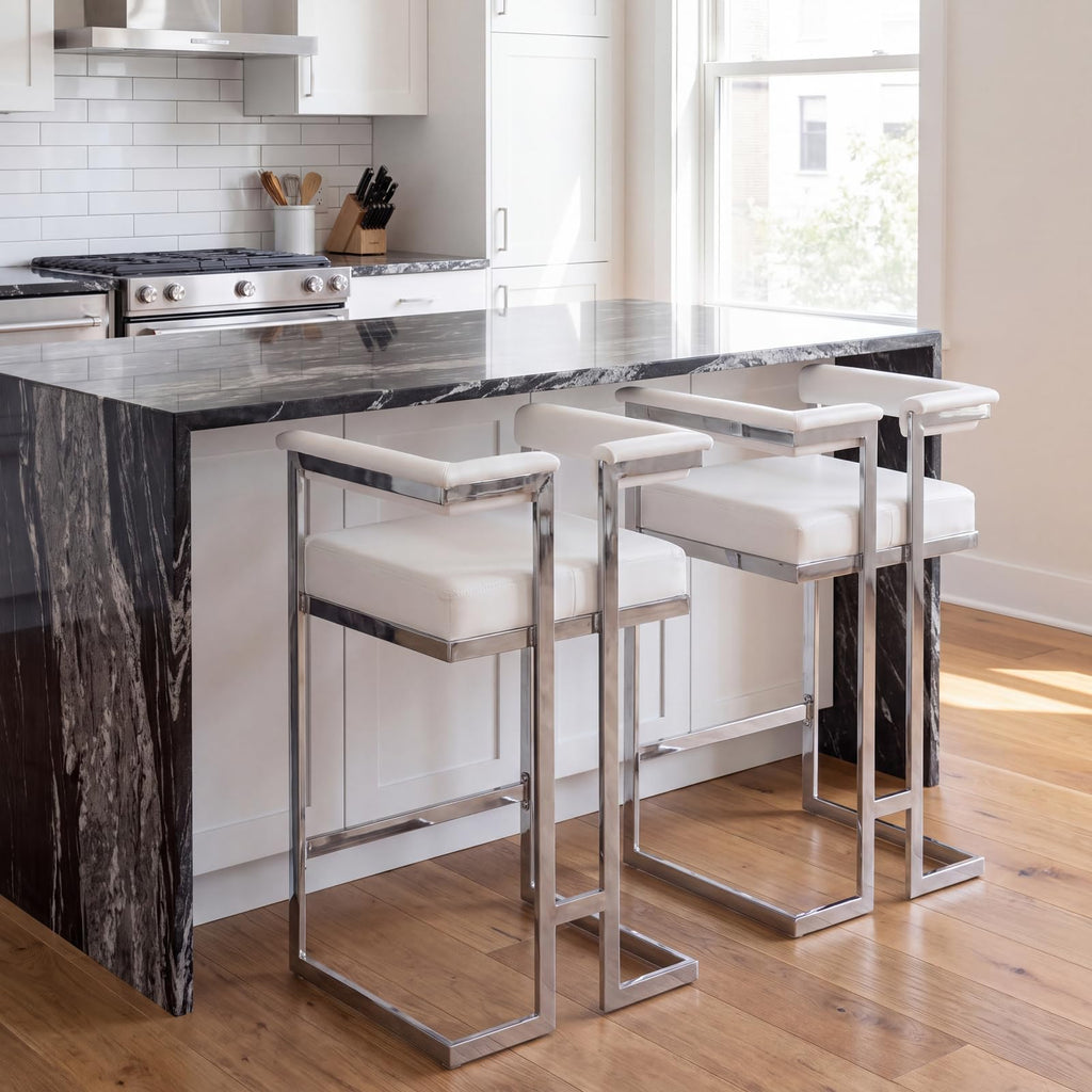 Modern 26" Bar Stools Set of 2 | Faux Leather Upholstered Counter Height Stool with Chrome Metal Frame, Kitchen Bar