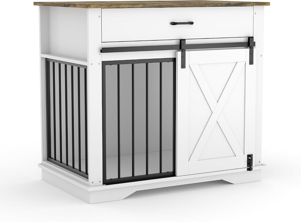 38" Farmhouse Style Dog Crate Furniture - Indoor Wooden Dog Kennel with Sliding Barn Door, Buffet Cabinet