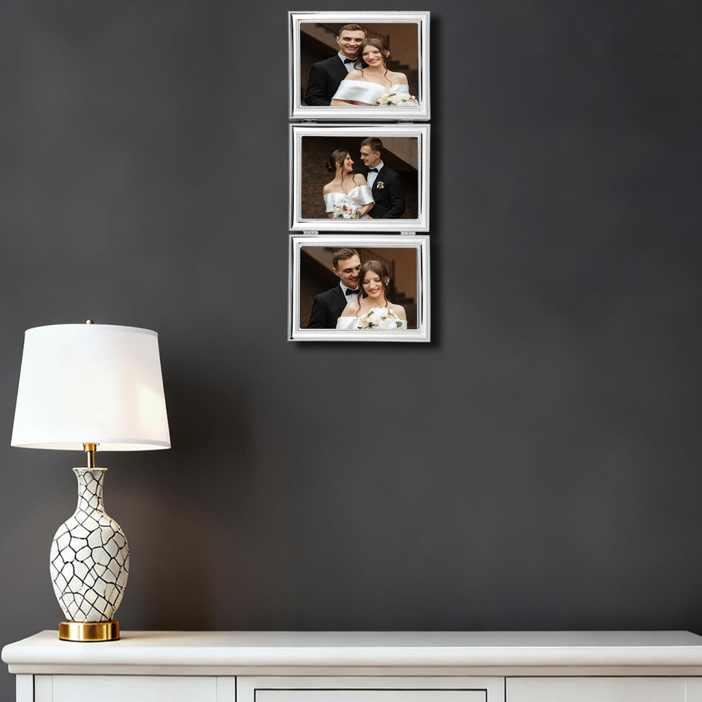 Elegant Silver Plated 5x7'' Hinged Triple Metal Picture Frame, 3-5x7'' Mutli College Frames with Classic Beaded