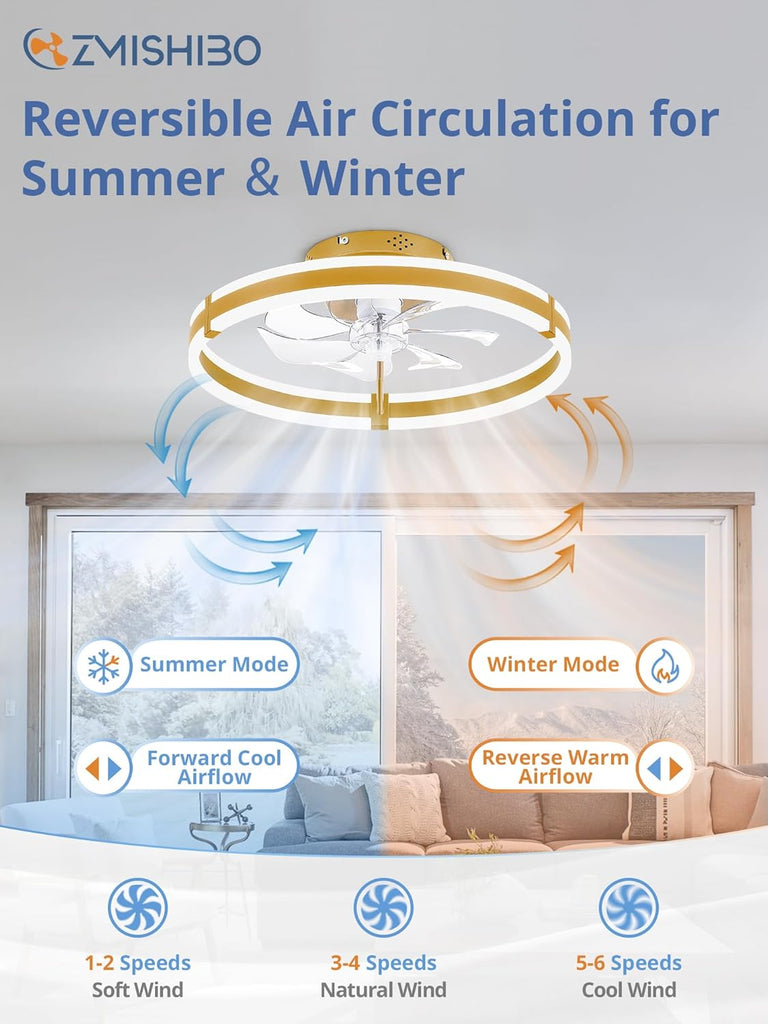 Ceiling Fans with Lights and Remote, 19.7'' Low Profile Ceiling Fan, 3000-6000K Dimmable Modern Flush Mount LED Fan Light, 6 Wind Speeds, Gold Fandelier Ceiling Fans for Bedroom A101-B0F1CCMY9D