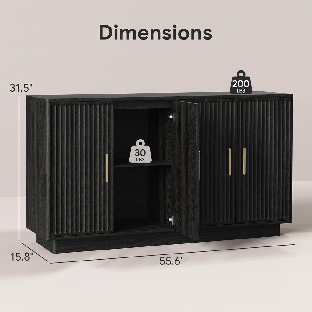55" Fluted Buffet Cabinet with Storage, Modern Credenza, Black