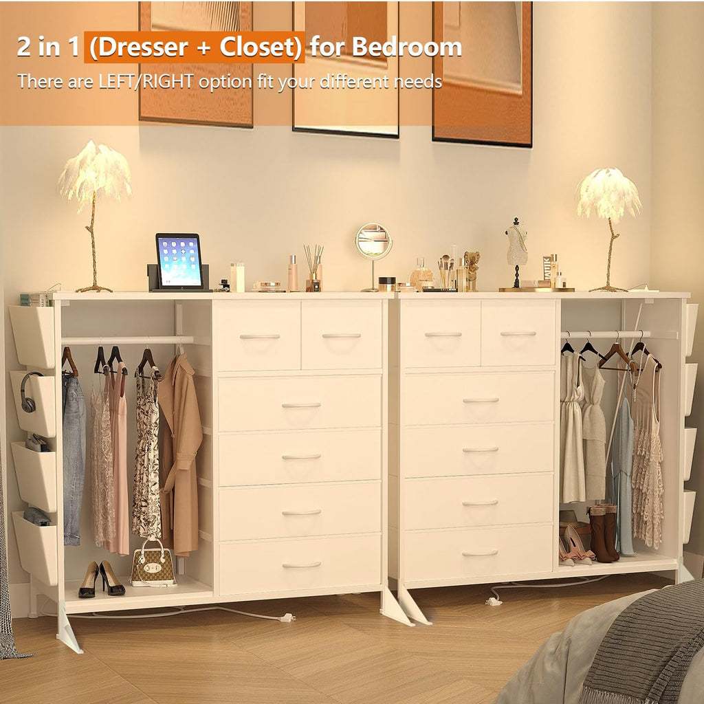 6 Drawer Dresser with Clothes Rack, Clothes Dresser with Side Pockets and Hooks, Charging Station & LED Lights