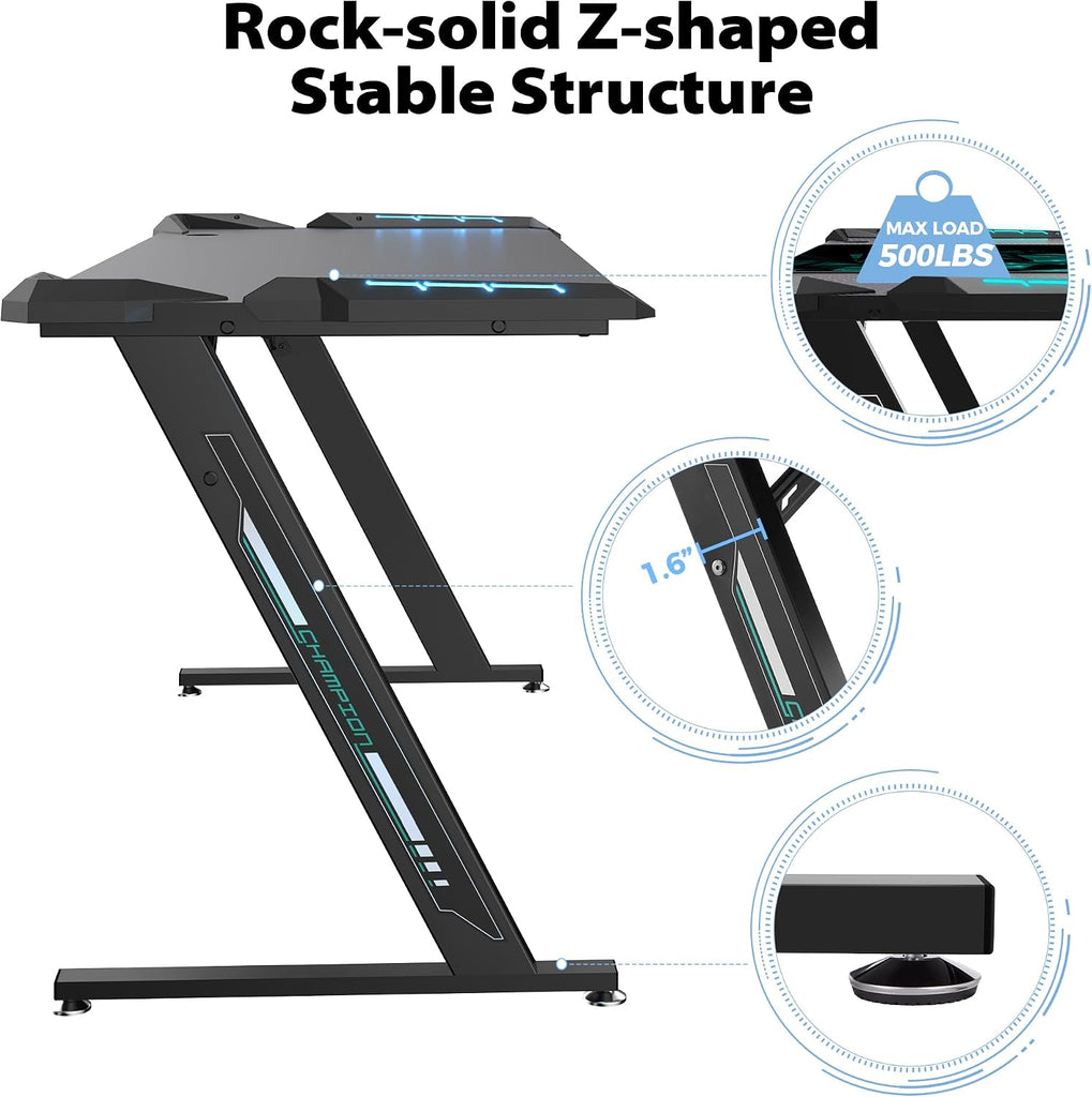 Gaming Desk with LED Lights Home Office RGB Table, Small Gaming Desk, Computer Table, Black