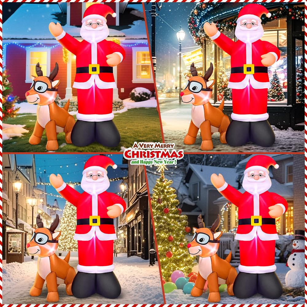 6FT Christmas Inflatables Santa Claus and Reindeer Blow Up Santa Deer Elk Yard Decorations with LED Light Up for Xmas