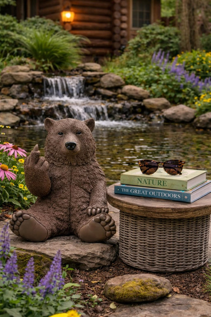 12" Hilarious Papa Bear Middle Finger Statue - Outdoor Decor