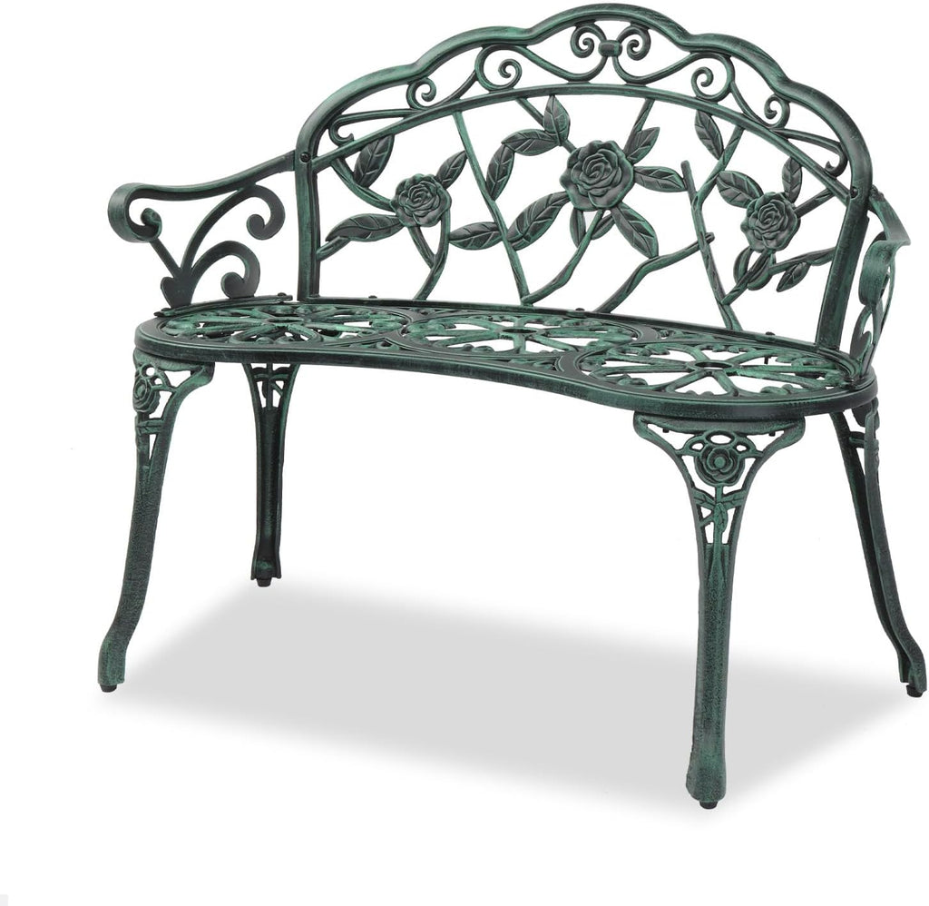 38.5" Patio Park Garden Outdoor Metal Rose Bench, 2-Person Cast Iron Cast Aluminium Frame Antique Finish