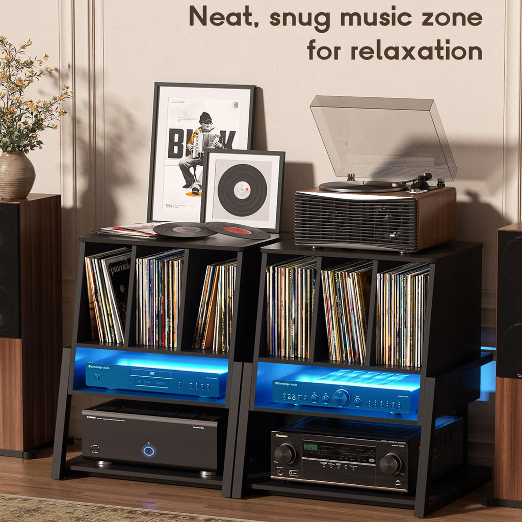 Record Player Stand with Power Outlet, Black