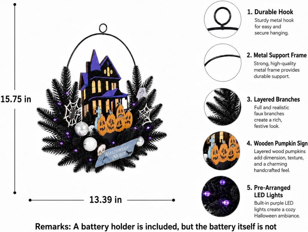 Halloween Wreath with Lights, 15.7 Inch, 6H On/18H Off Timer