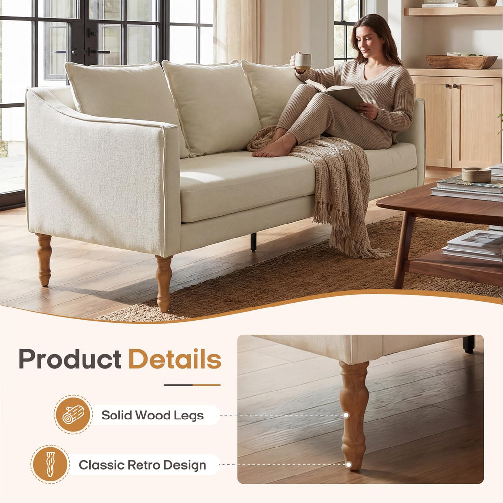 Farmhouse Couch Country Rustic Loveseat with Antique Wood Legs 63" Long Sofa with One Piece Complete Cushion Seat