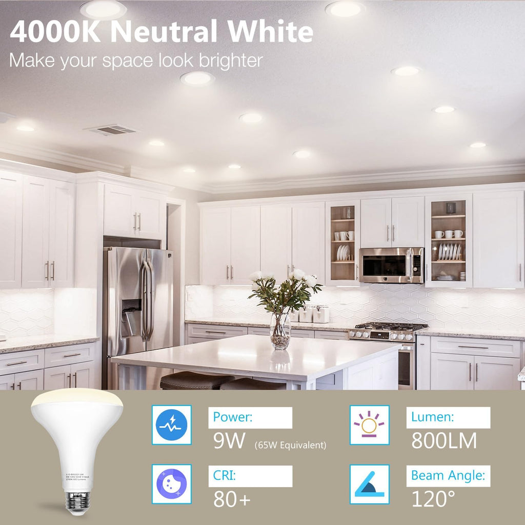 BR30 Led Bulb 65W Equivalent, Dimmable Flood Light Bulbs Indoor, E26 Base, 4000K Neutral White, 9W, 800 LM