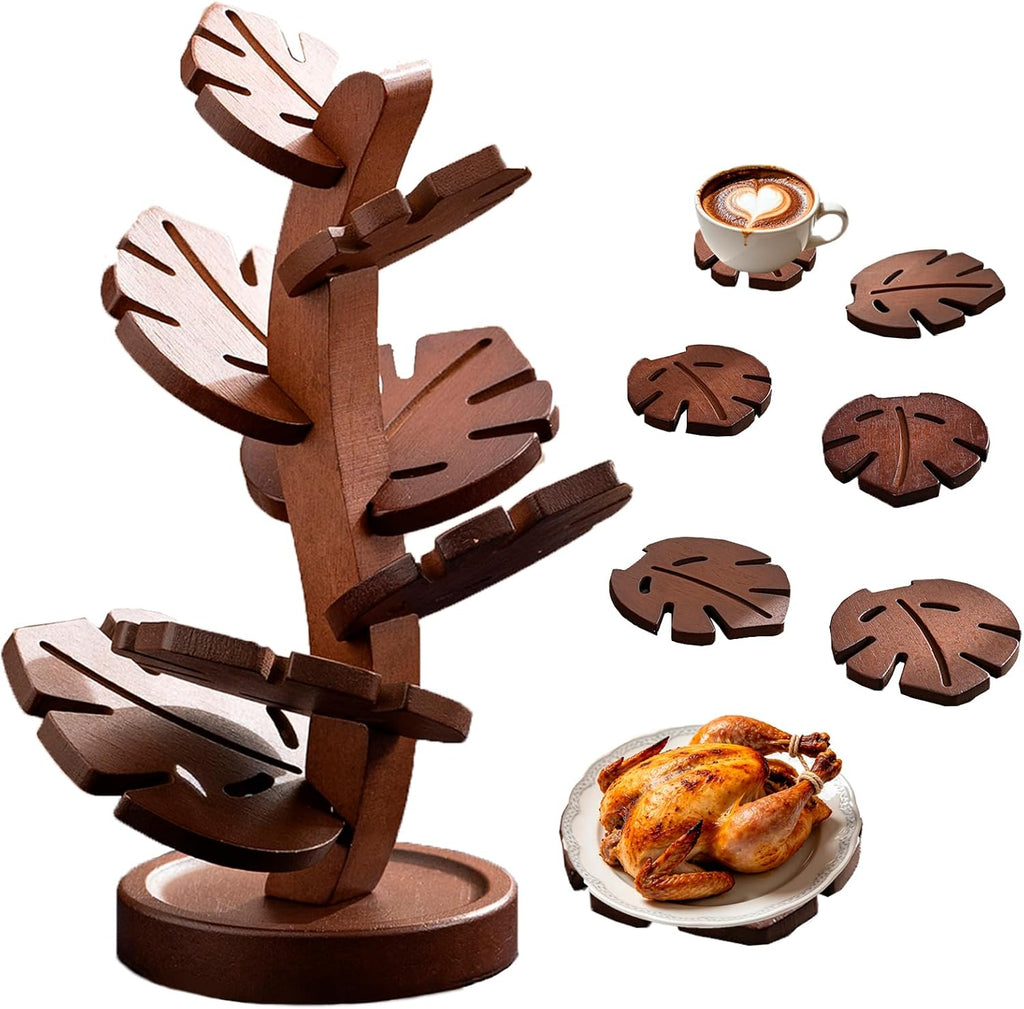 Tree Shape Wooden Trivet Set with Stand, Heat Resistant Coasters - Set of 7