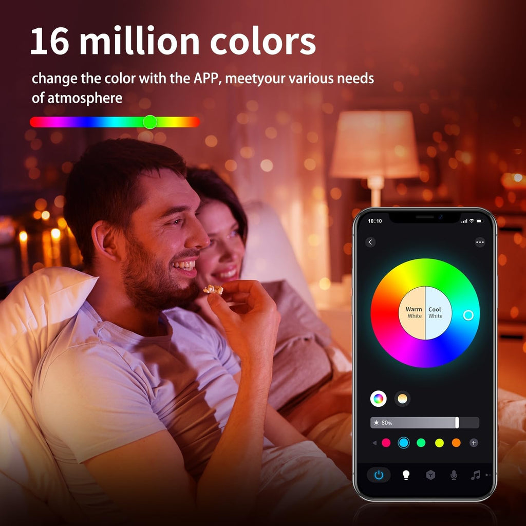 Smart WiFi Bluetooth LED Light Bulbs A19 RGBWW Dimmable Color Changing 800LM 16 Million Colors Music Sync Compatible