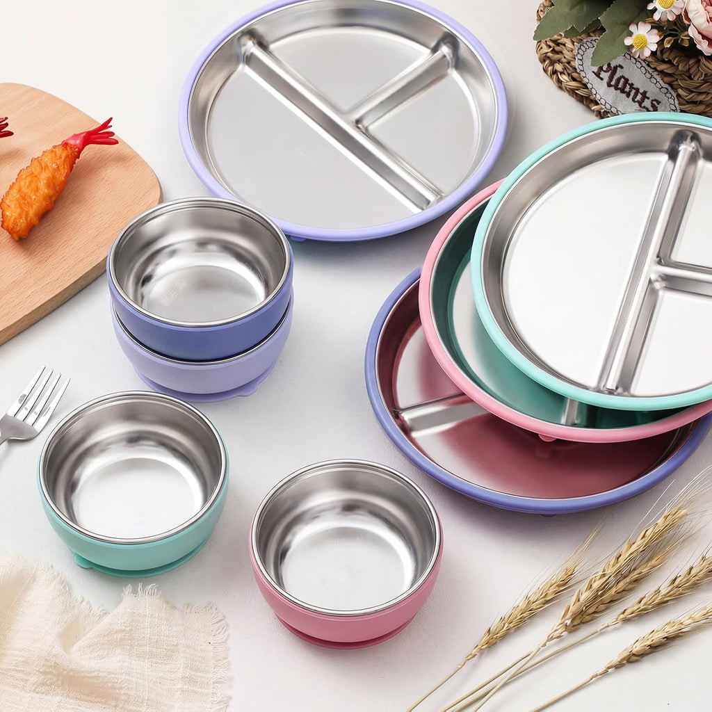 8 Pcs Stainless Steel Baby Plates Bowls with Suction Set,Gray