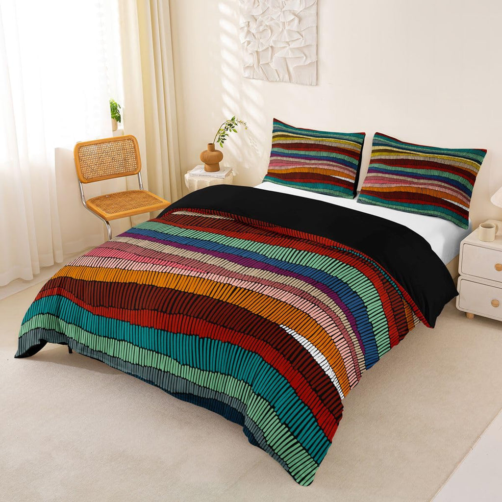 Boho Duvet Cover Queen Bohemian Wavy Bedding Set Rainbow Embroidered Waves Comforter Cover Geometric Tribal Ethnic