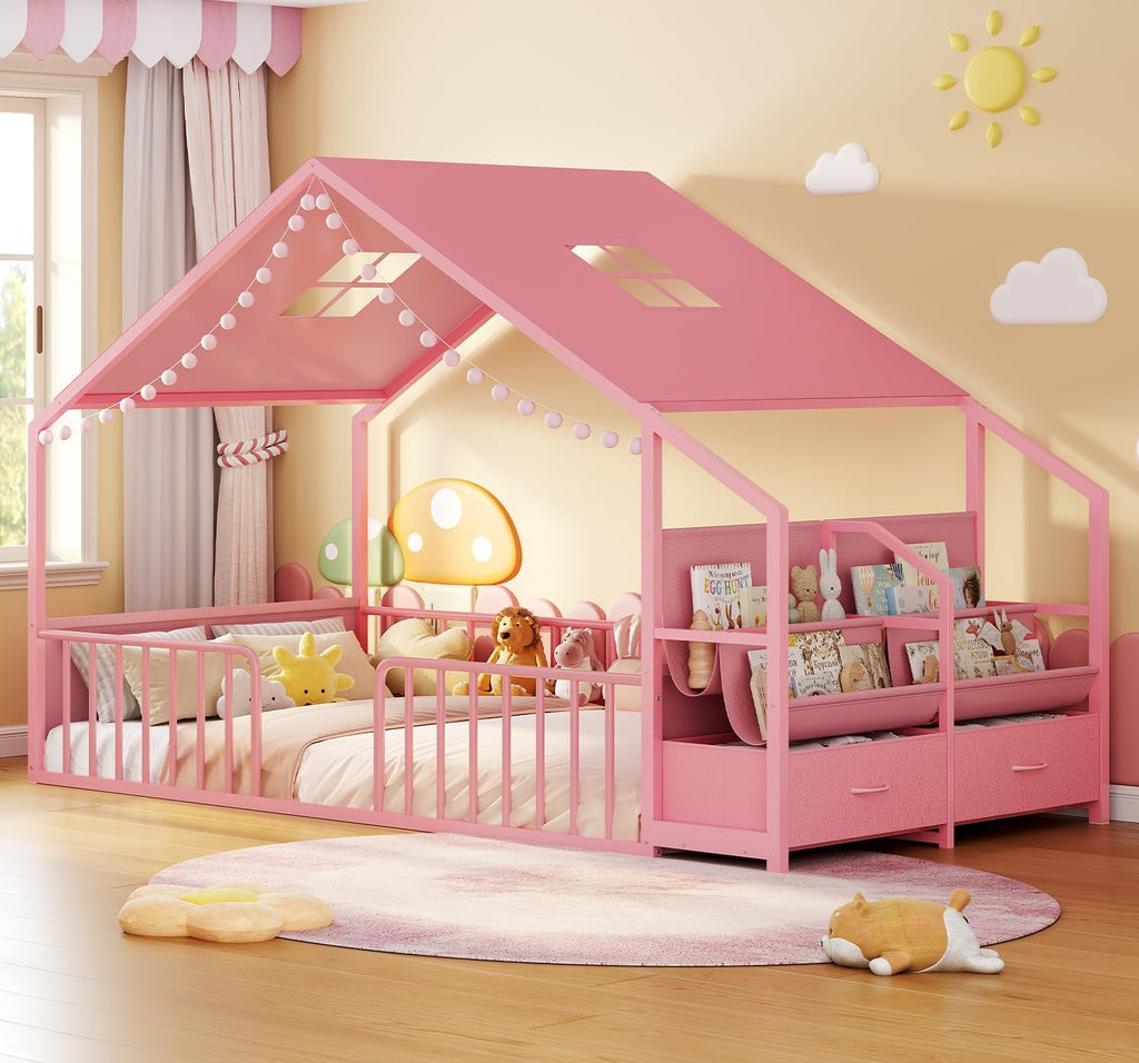 Montessori Twin Floor Bed, Safety Guardrail, Reading Nook, House Shape,Pink | Sling Bookshelves, Storage Drawers