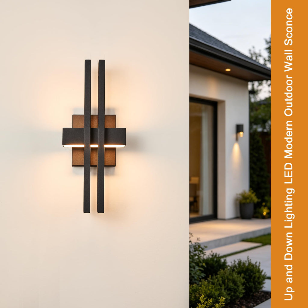 Outside Light 2 Pack, 15Inch Small Black Outdoor Wall Sconce Waterproof Exterior Light Fixture, Modern Wall Mount