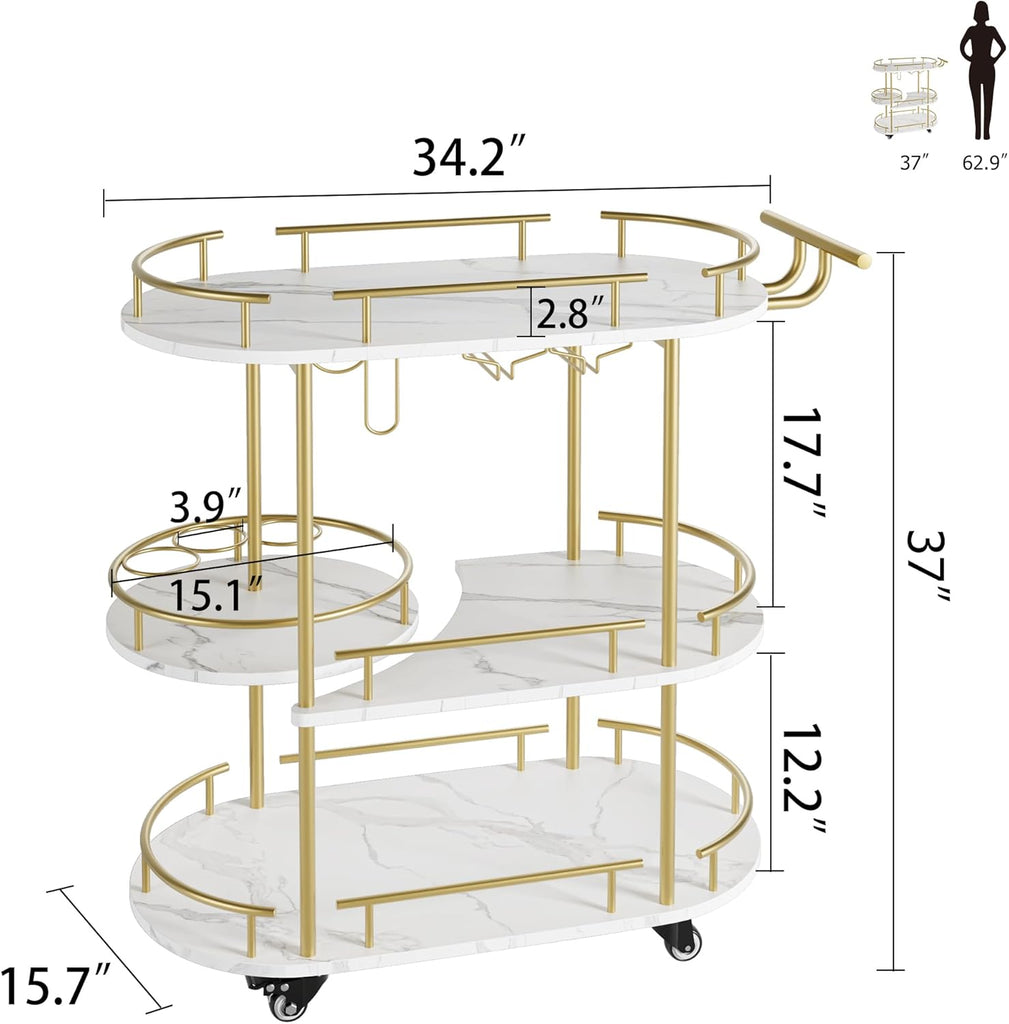 Bar Carts Gold with 4-Tiers Storage Shelves,Mobile Bar Seving Cart On Wheels with Wine Rack and Glass Holder ,White.