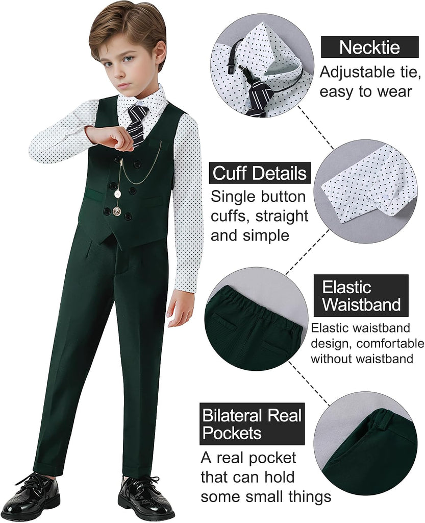 Boys Suit Formal Dress Clothes Big Boy Wedding Outfit Vest+Pants+Dress Shirt+Chain+Adjustable Tie