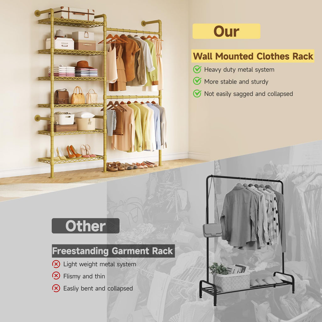 H2 Wall Mounted Clothes Rack, Expandable Metal Closet System(Gold)