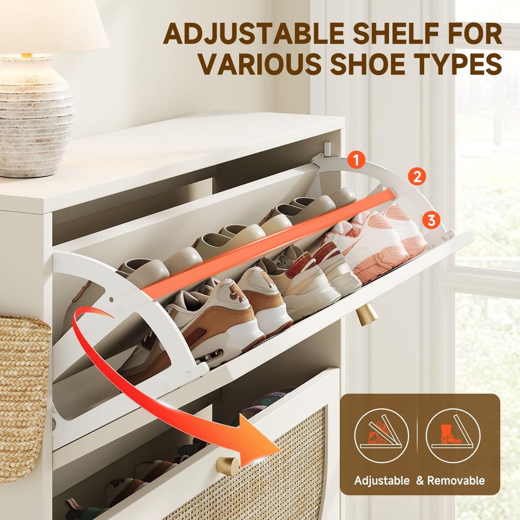 Shoe Cabinet Storage Slim 9.5" Freestanding Floor Base Shoe Storage Cabinet, 2 Flip Drawers with 3-Position