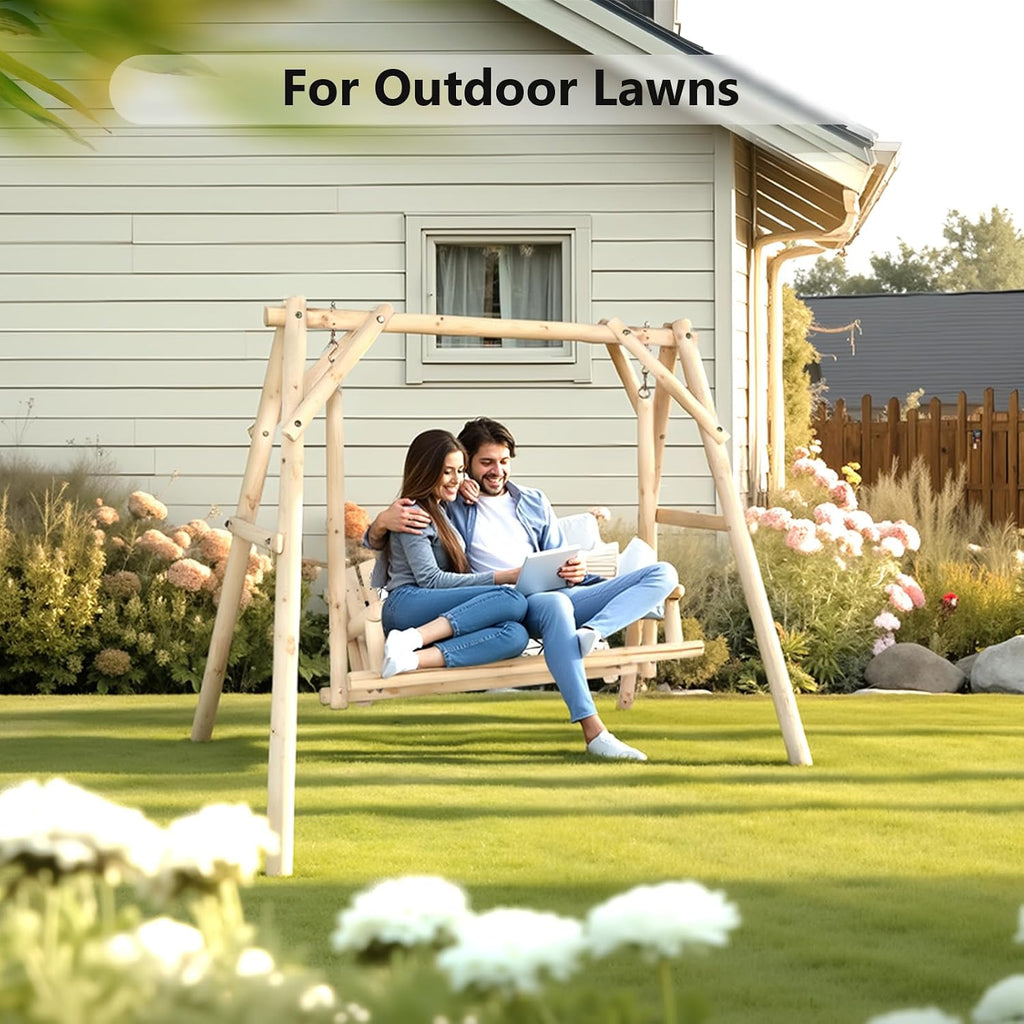 880 LBS Wooden Porch Swing with A-Frame Stand, Natural Outdoor Swing | Heavy-Duty Wooden Swing; Sturdy A-Frame Stand;