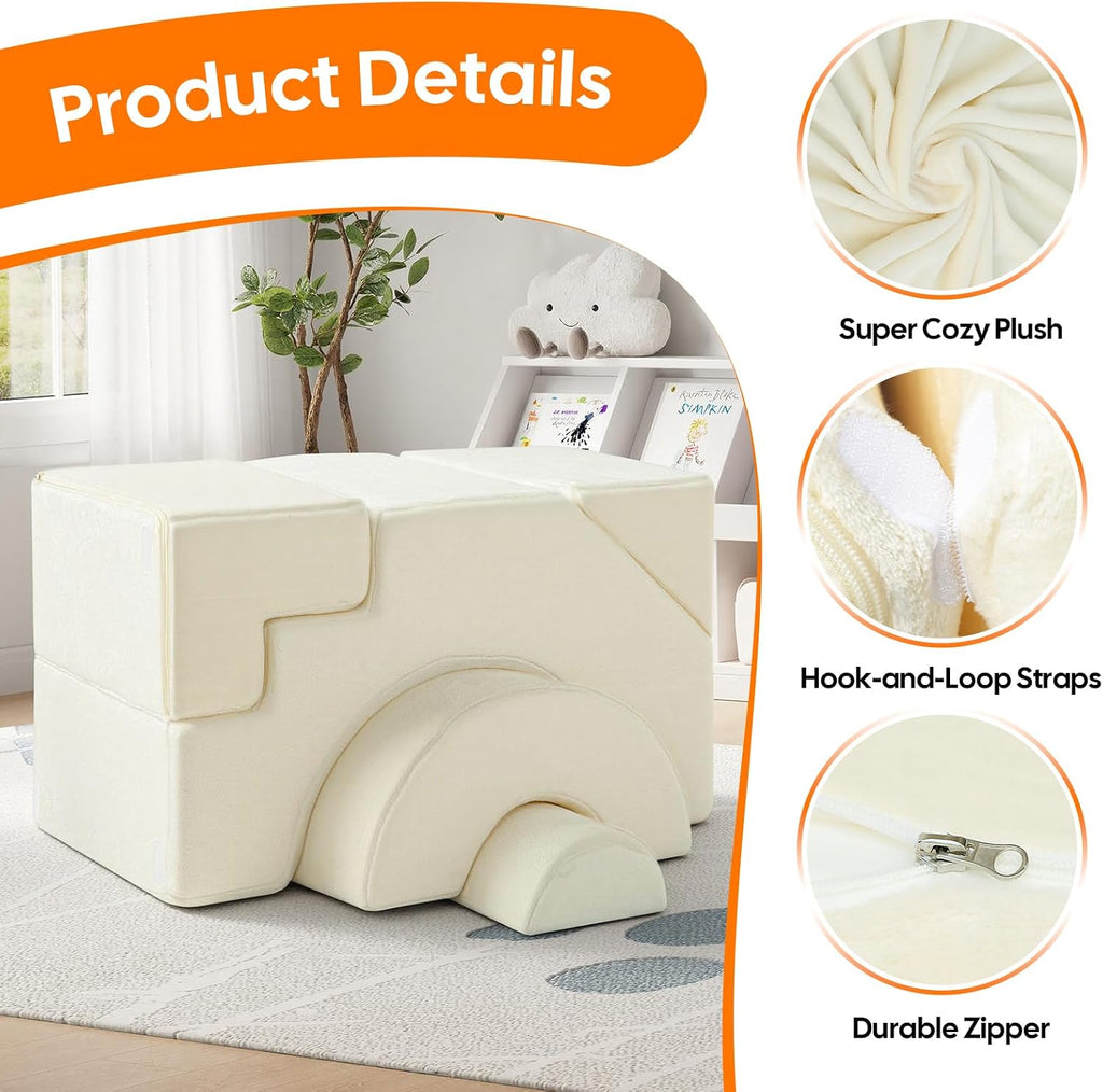 Kids Climbing Sofa with Slide & Stair, Foam Couch, Beige