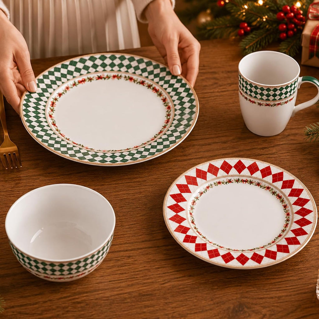Christmas Argyle Real Gold Trim Porcelain Dinnerware Set,Service for 4