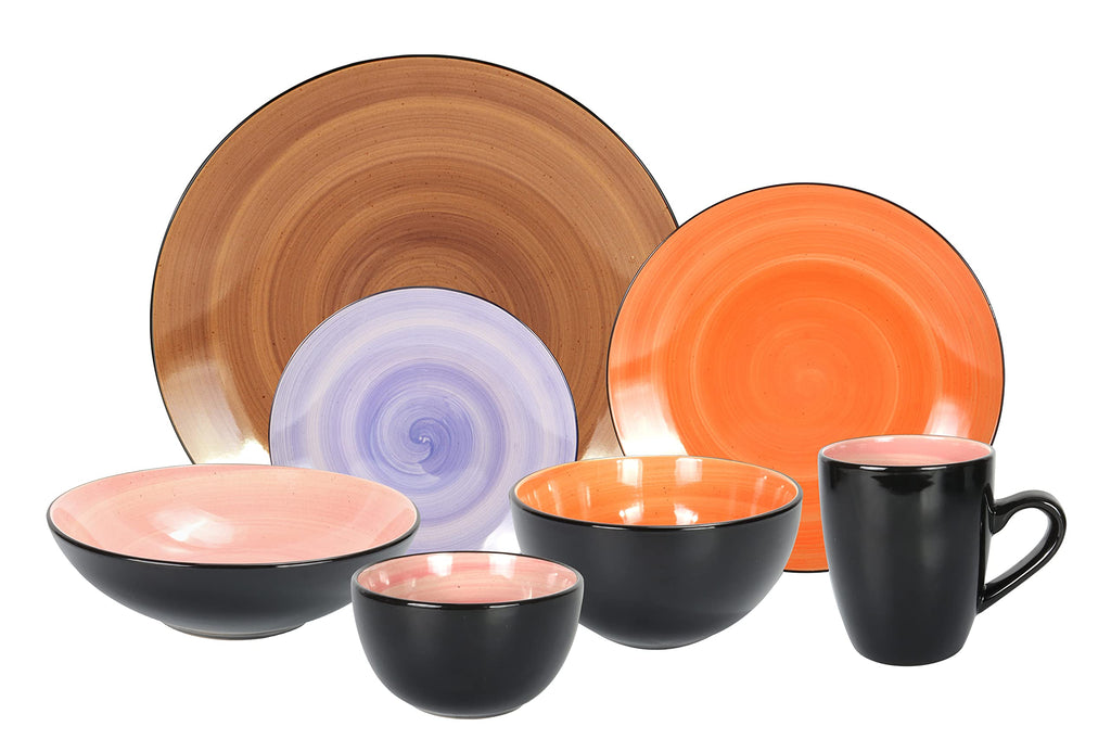 Stoneware Sonoma Dinnerware Set, Black + Speckled Spin Wash (56pc Set, Mix Cobalt, Mocha, Rose, Spice)