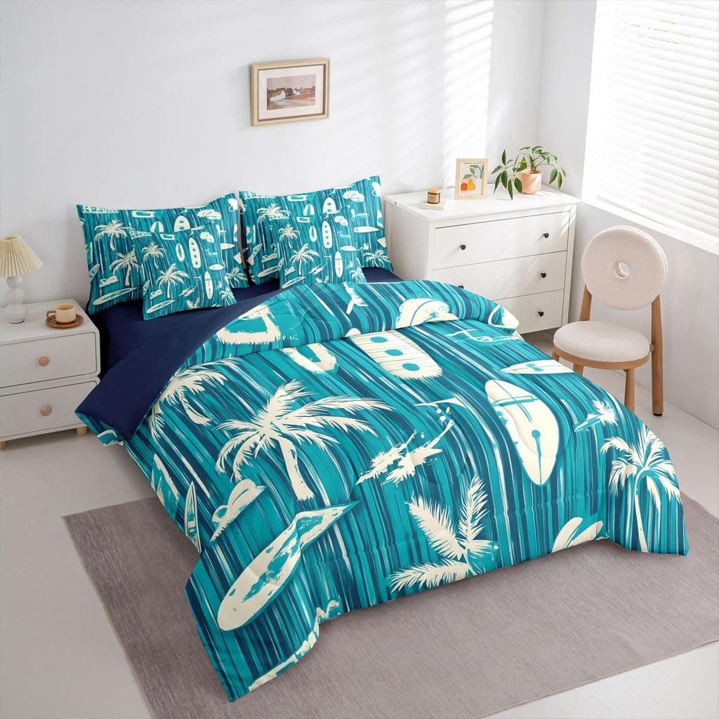Surfing Bedding Set - Surfboard Themed Bed in a Bag, Coastal Summer Beach 7 Pieces Bed Set Bedroom Decor