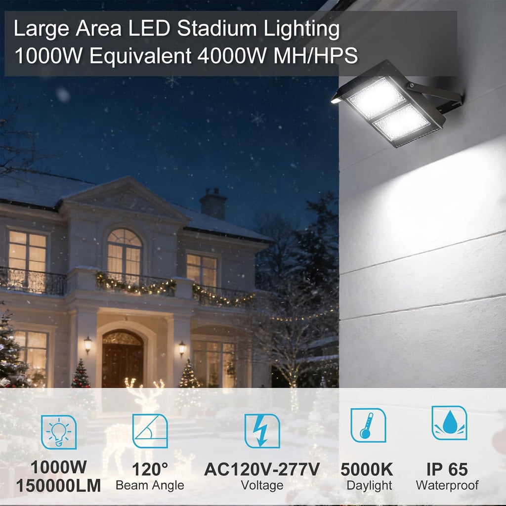 Upgrade 1000W LED Flood Light Outdoor with Brim 150000Lm Led Stadium Light with Adjustable Bracket, IP65 AC100-277V