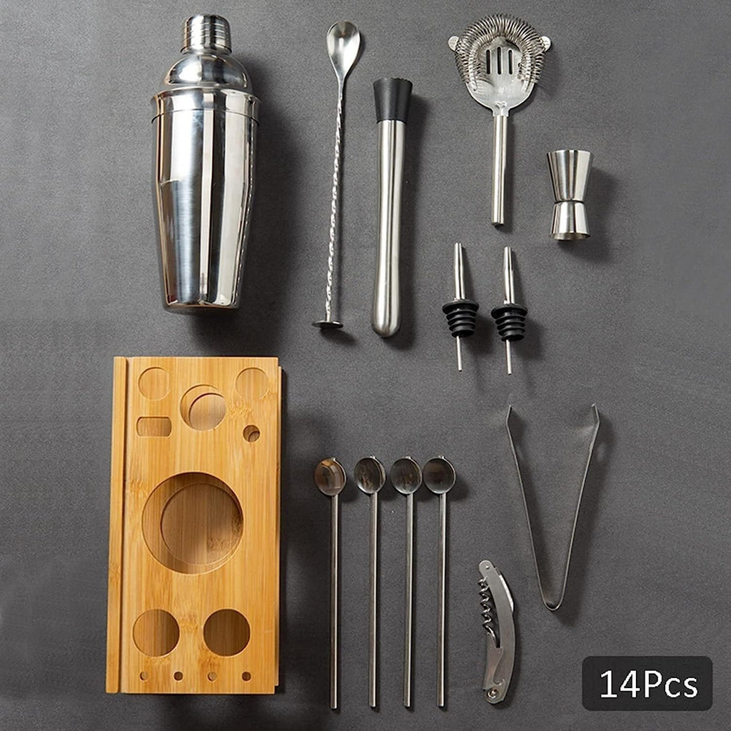 Shaker Set Cocktail Shaker Set Stainless Steel Bar Tool Bartender Kit with Wooden Display Stand Mixology - Set of 14
