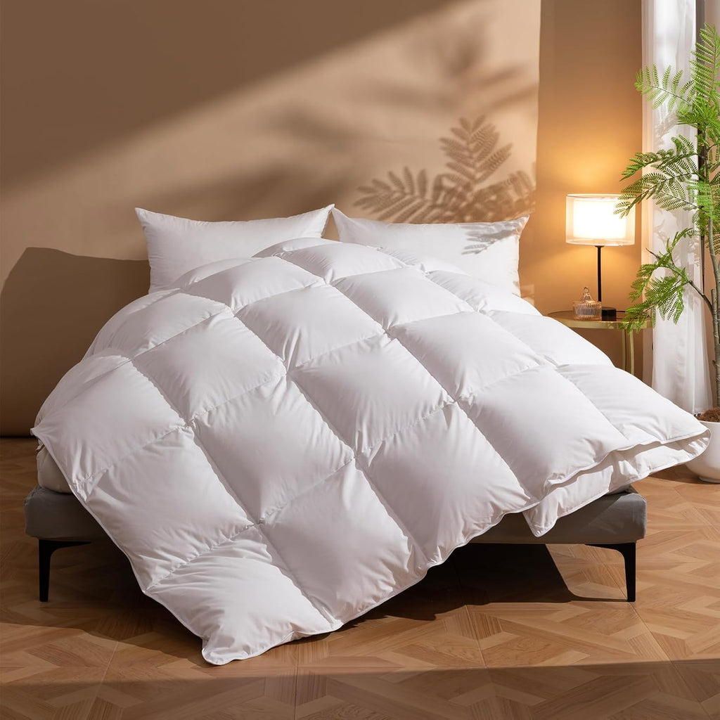 Luxury King Down Comforter, 50% Real Down Filled, Ultra-Soft Cotton Blend, Medium Weight for All Sea