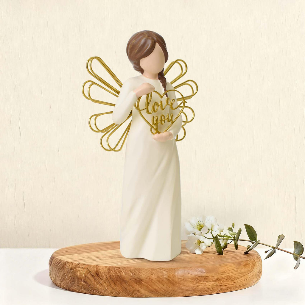 "Love You" Angel Figurine Holding Love Sign, 5.3" Hand-Painted Resin Statue