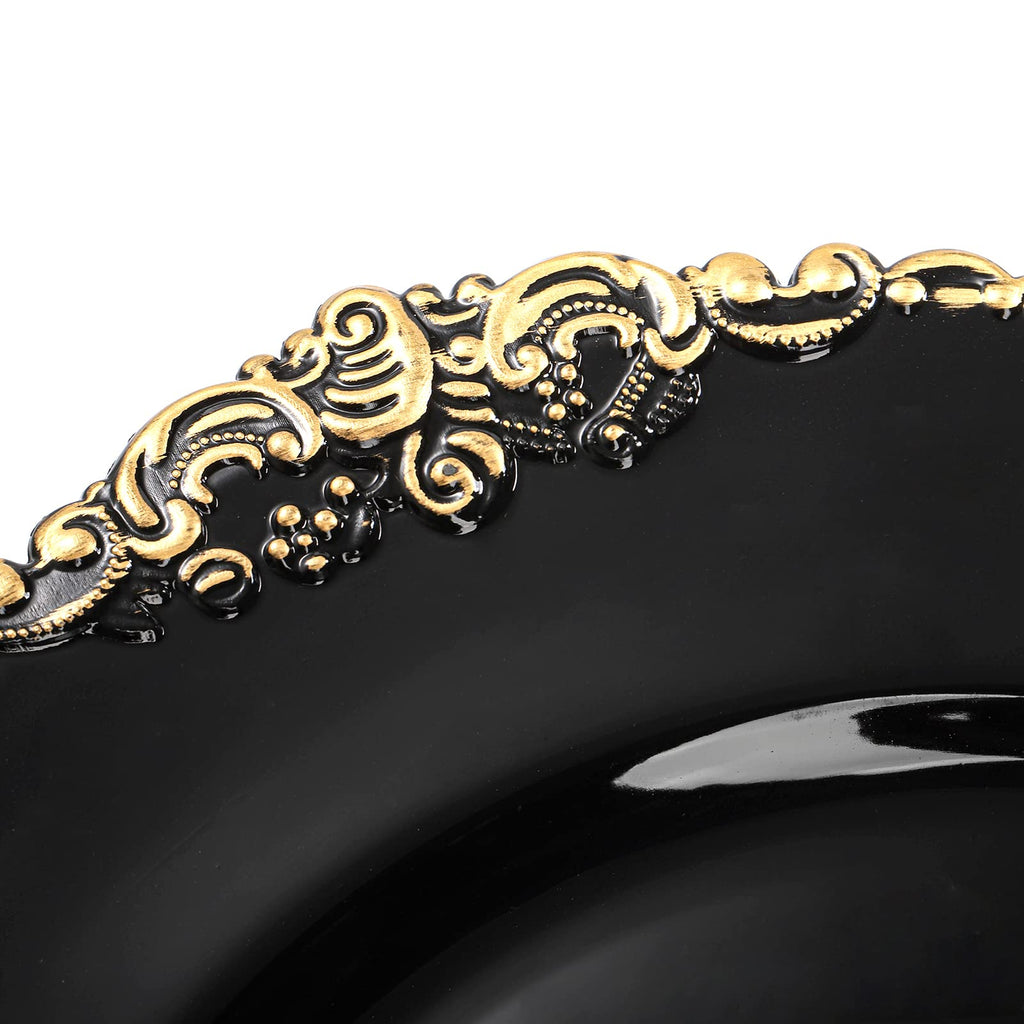 12 Pack Black Charger Plates with Floral Trim, 13" Plastic Vintage Black Chargers for Dinner Plates for Catering
