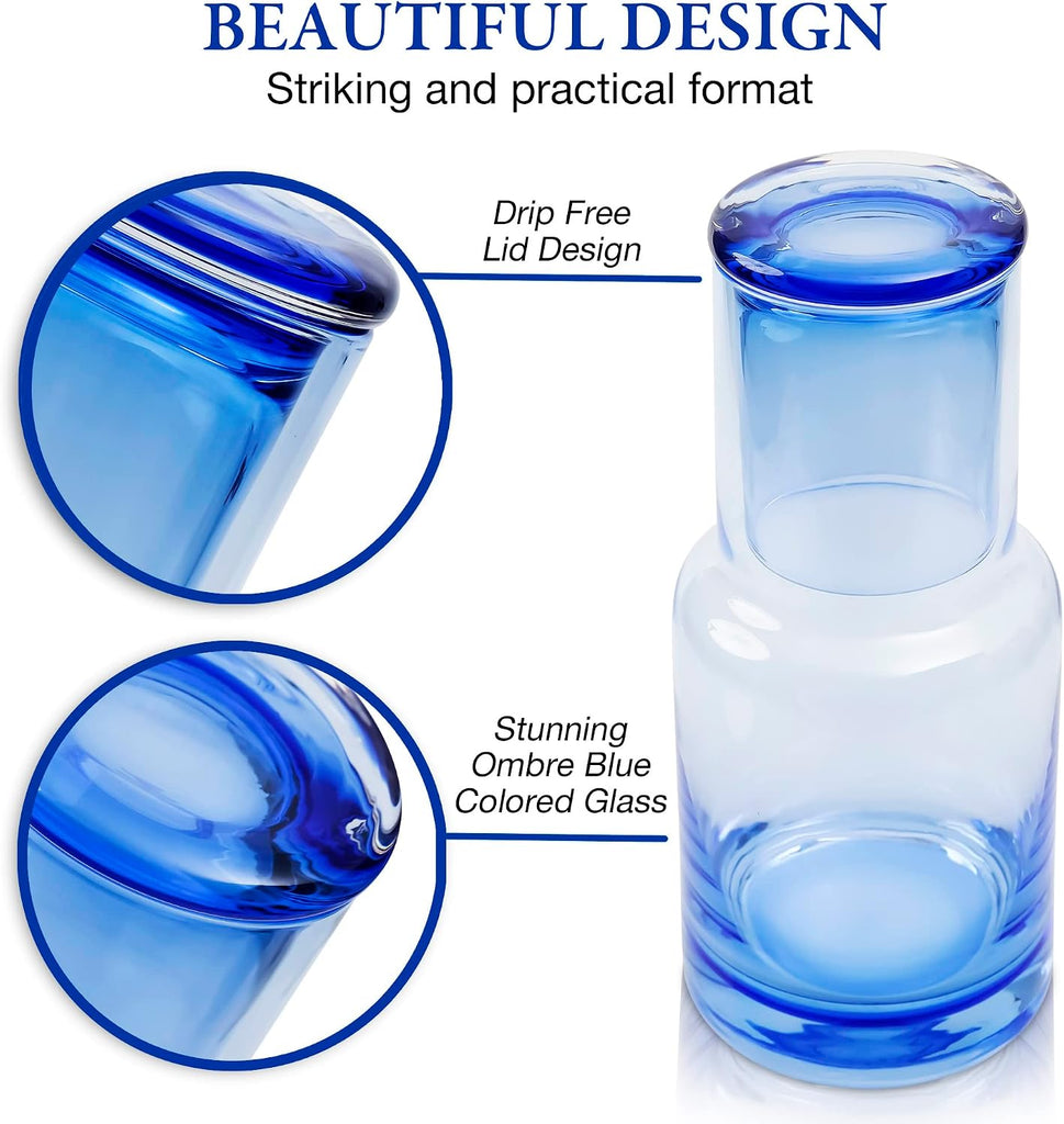 Ombre Blue Bedside Water Carafe and Glass Set, 5 oz Glass Carafe with Matching Glass Lid, Drip-Free Pour Design