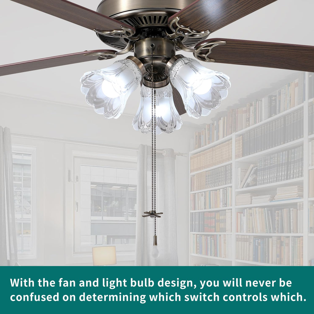 52 Inch Indoor Ceiling Fan with Pull-Chain and Three LED Light Bulbs Base, Traditional 3-Speeds Reversible Blades