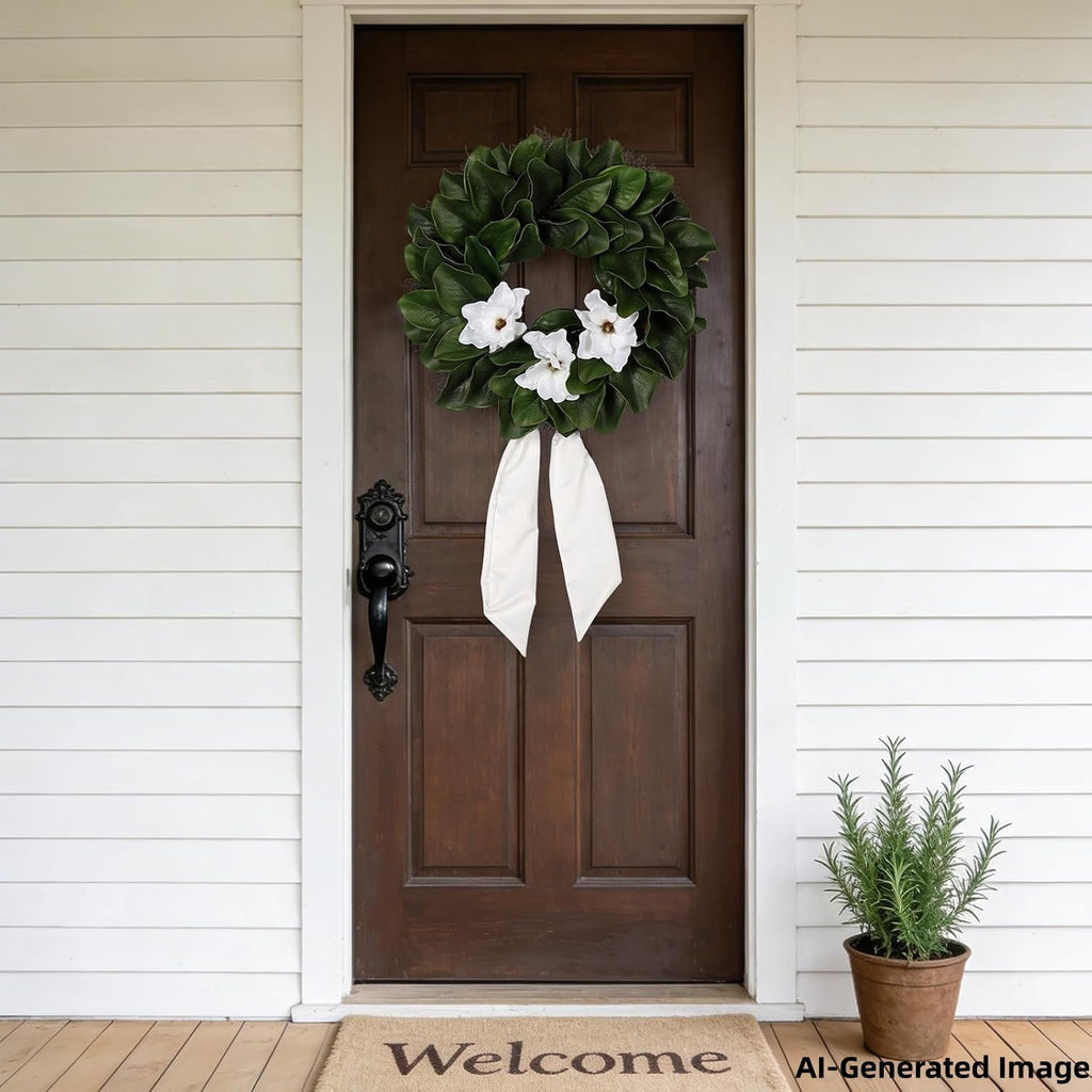 24 Inch Artificial Magnolia Wreaths, Green Leaf with Sash Ribbon