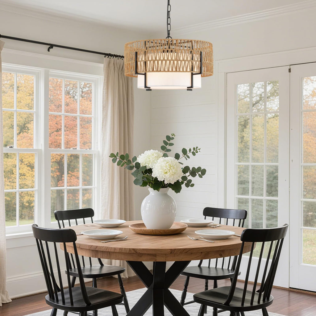 19.8'' Boho Rattan Chandelier 4-Light Rustic Farmhouse Pendant Light Fixture with Fabric Lampshade Drum Chandelier
