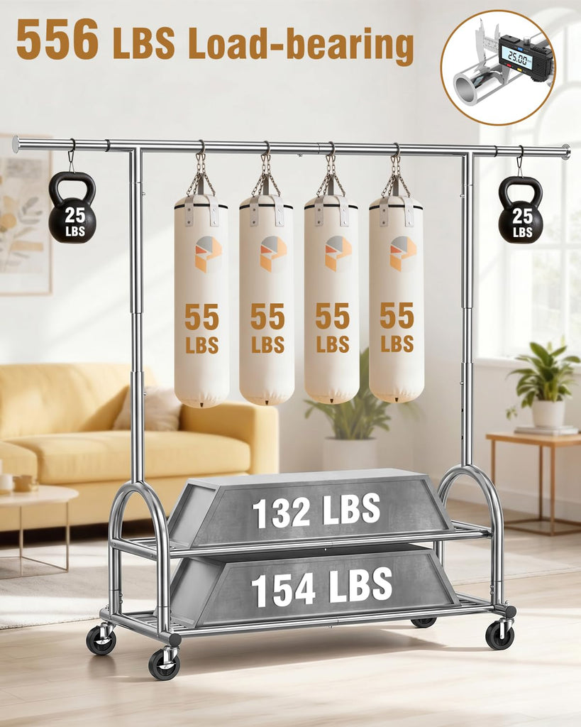 Rolling Clothes Rack Heavy Duty Clothing Rack with 2 Shelves, Silver