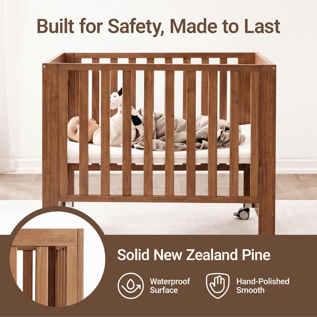EvoNest 6-in-1 Convertible Baby Mini Crib with Wheels, GREENGUARD Gold Certified, 4 Adjustable Mattress Heights, 100%
