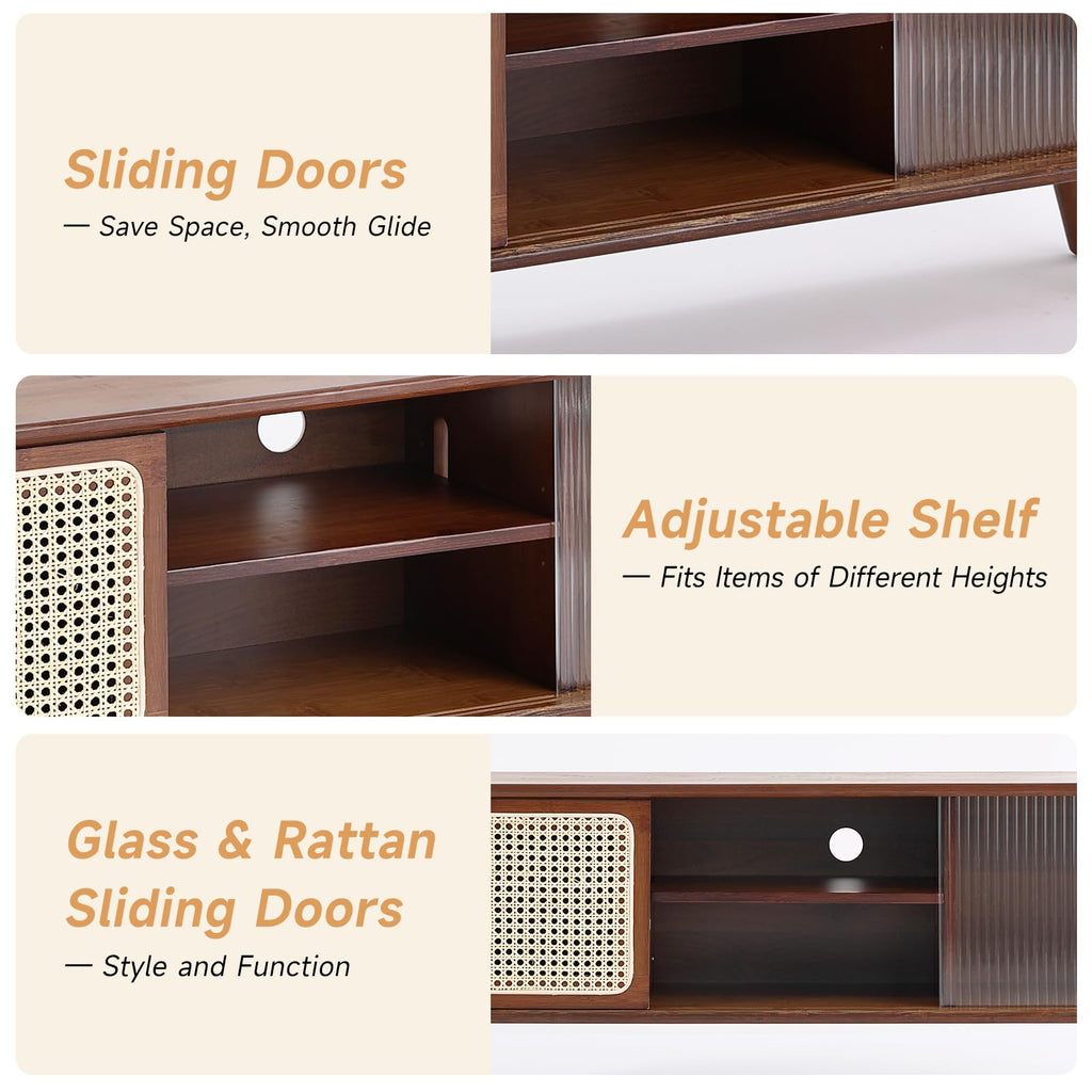 Rattan TV Stand for 55 Inch TV, Bamboo Cabinet with Storage, Walnut
