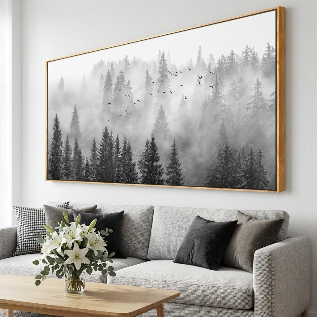 Framed Ready to Hang Wall Art Foggy Forest Black and White Wall Art Nature Landscape Mountain Photographic Printed on