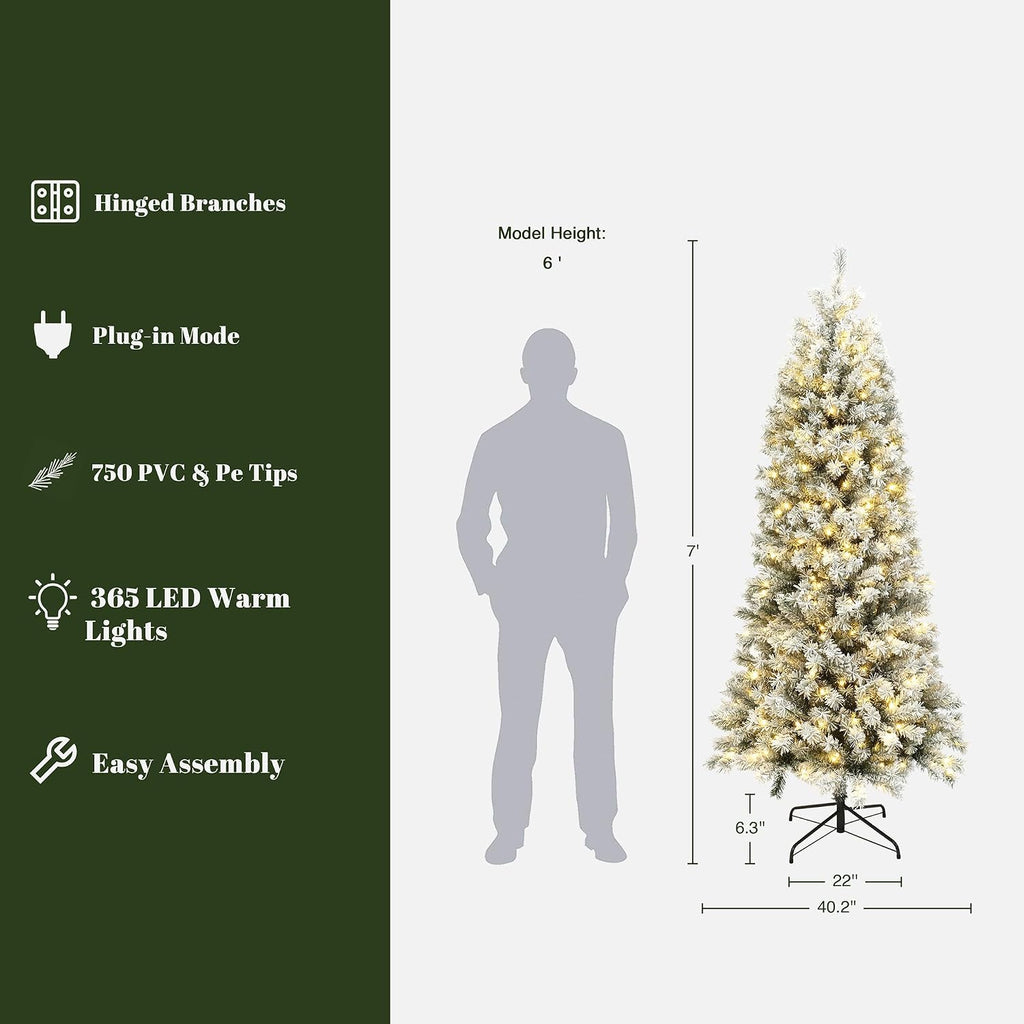 LuxenHome 7FT Prelit Flocked Slim Spruce Christmas Tree