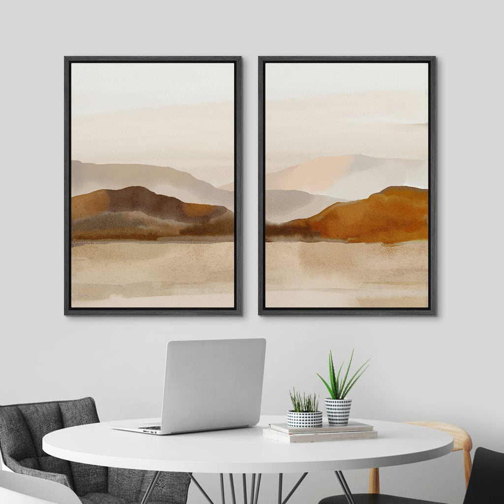 Framed Canvas Print Wall Art Pastel Brown Mountain Range Ocean Lake Wilderness Nature Illustrations Modern Art