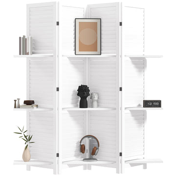 Room Divider 4 Panel 67" Tall Privacy Screen 3 Display Shelves White