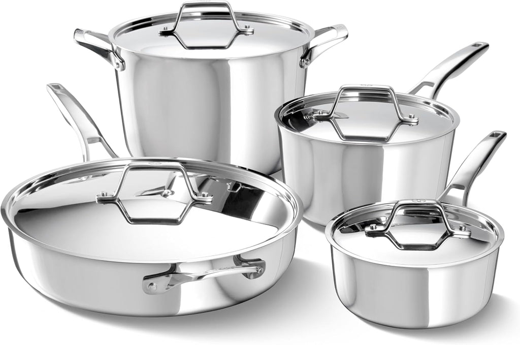 Premier Polished 5-Ply Stainless Steel Cookware Set w/Turbo Heat Tech 8 Piece Includes Frying Pans, Pots and Pans