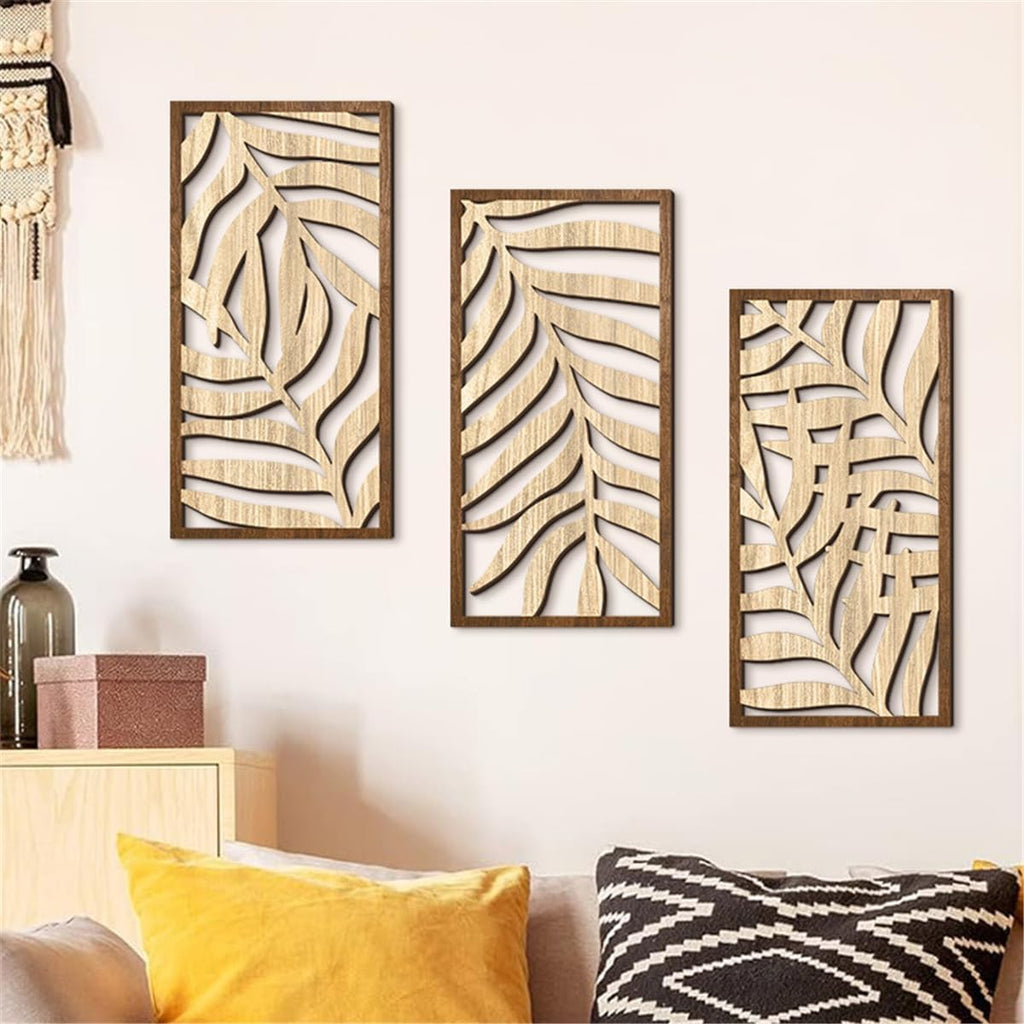 Wooden Geometric Wall Art, Modern Wood Wall Sculpture Panels with 3D Hollow Craft Art, Farmhouse Abstract Hanging - Set of 3