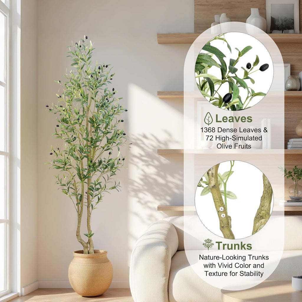 6ft Artificial Olive Tree Indoor, Fake Olive Tree with White Pot, Faux Olive Tree with Dense Leaves & Realistic