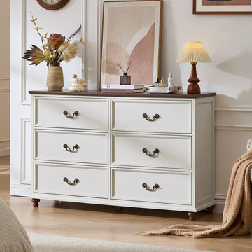 Farmhouse 6 Drawers Dresser, Vintage 54" Wide Chest of Drawers w/ 4 Wooden Legs, Rustic Large Closet Storage